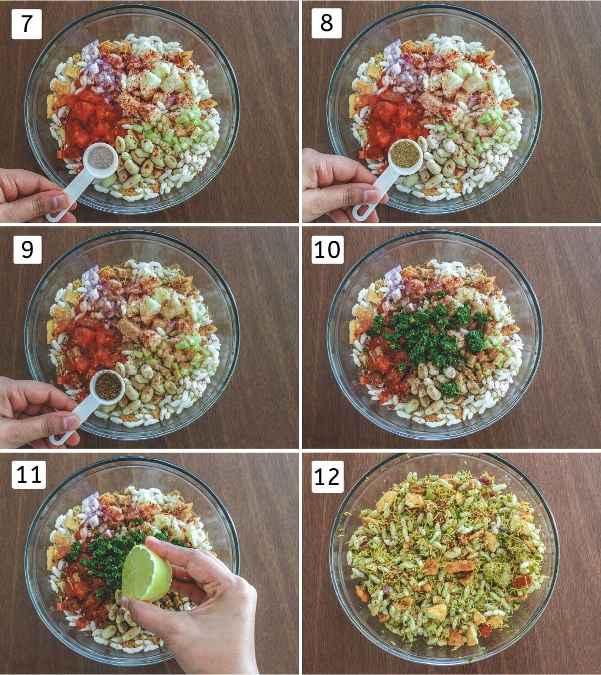 Collage of 6 images showing adding spices, dry chutney, squeezing lemon and mixed bhel.