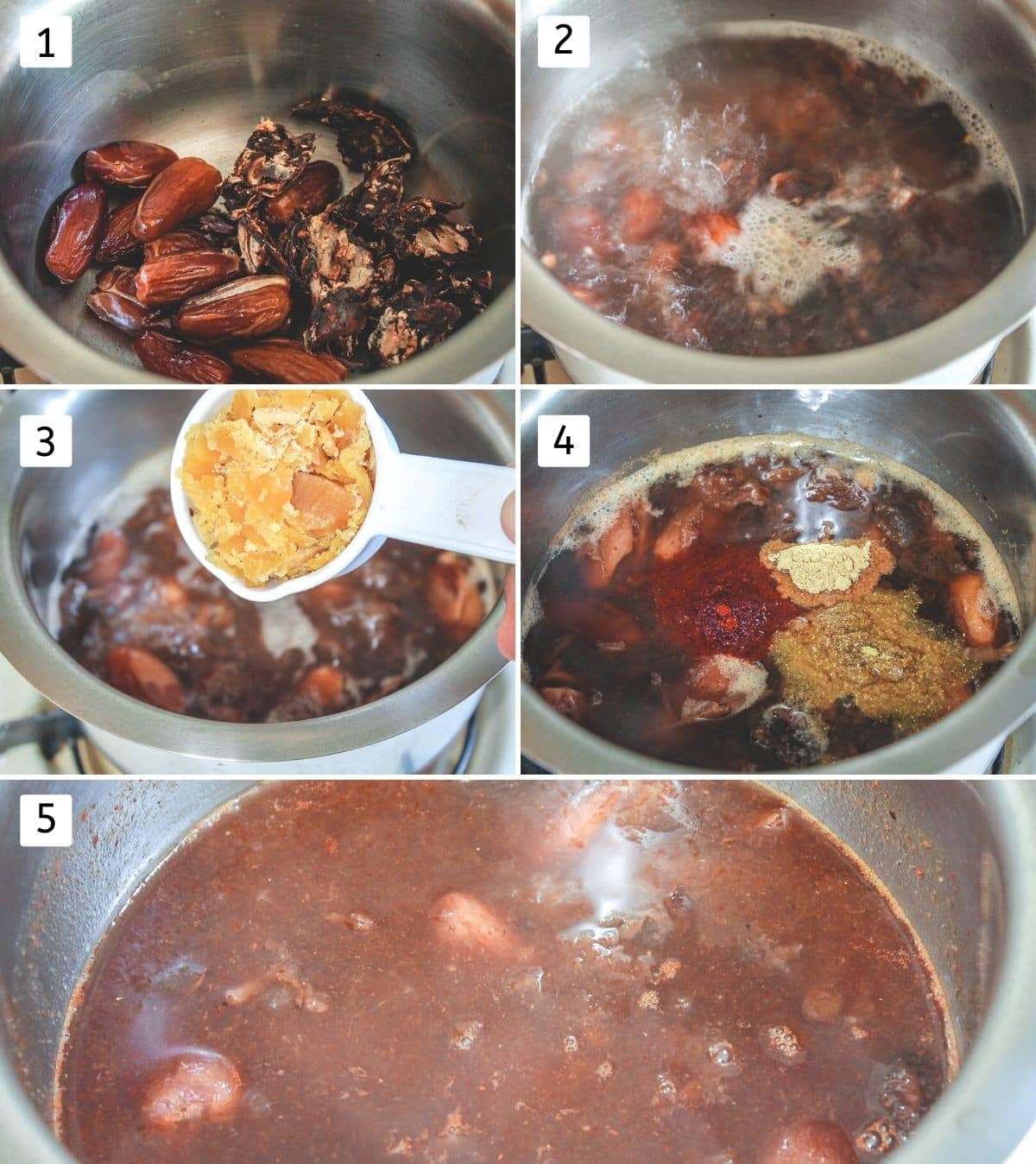 Collage of 5 images showing cooking tamarind, date, adding jaggery and spices.