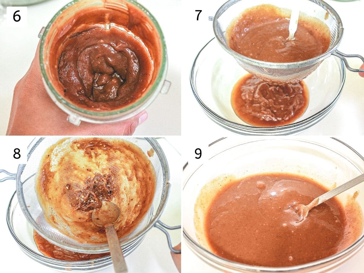 Collage of 4 images showing grinding, straining the chutney.