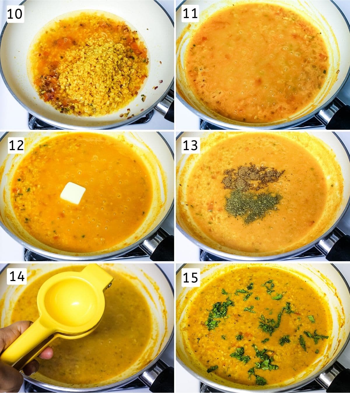 Collage of 6 steps showing simmering dal, adding butter and spices, lemon juice and cilantro.