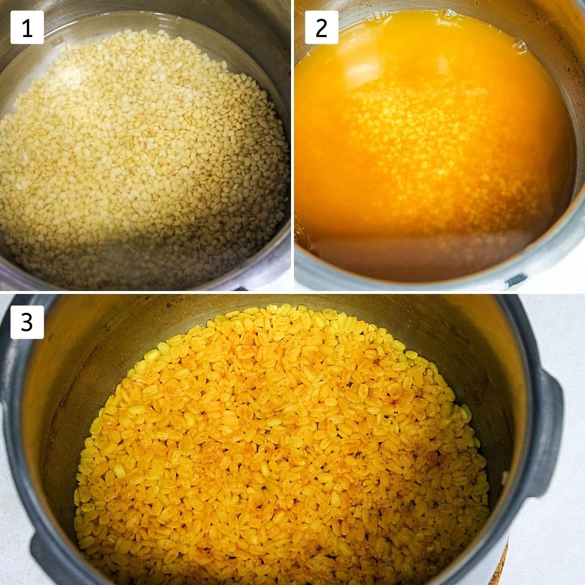 Collage of 3 images showing urad dal in a pressure cooker, adding turmeric and chili powder, cooked dal.