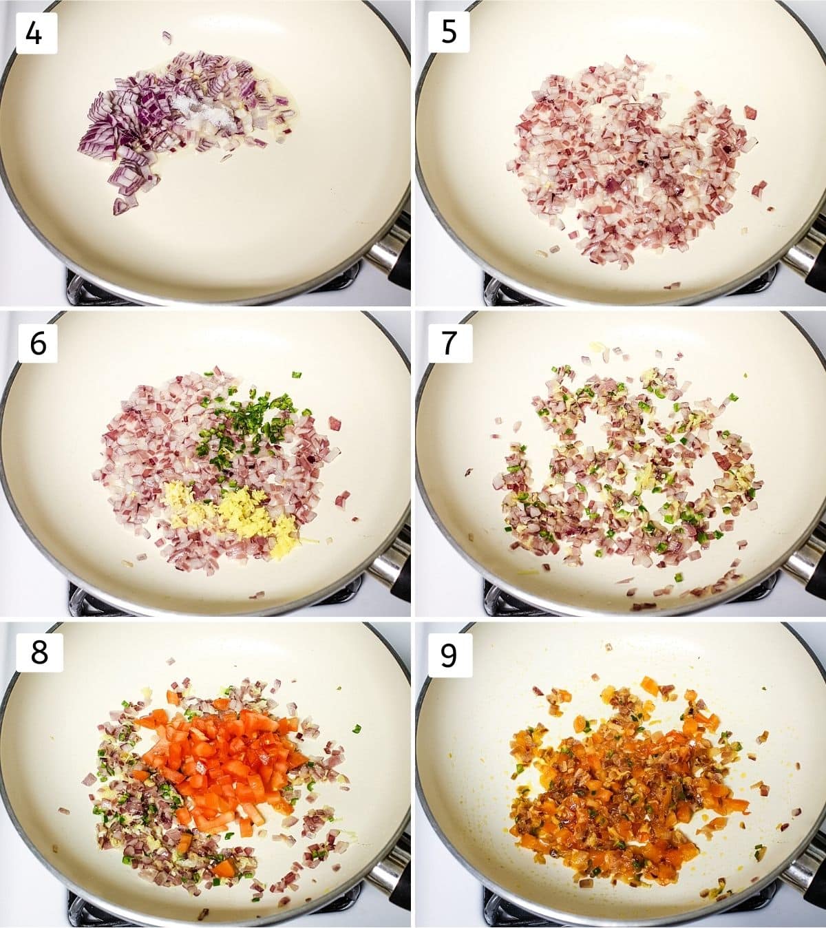 Collage of 6 images showing cooking onion, tomato with ginger, garlic and green chili.