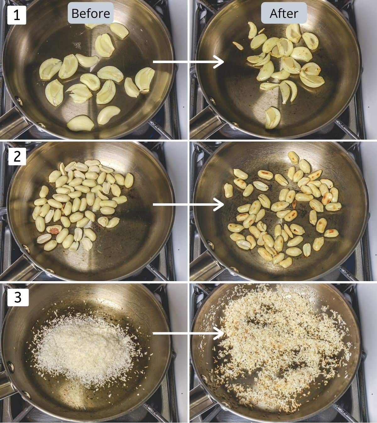 Collage of 6 images showing dry roasting garlic, peanuts and coconut until light brown.