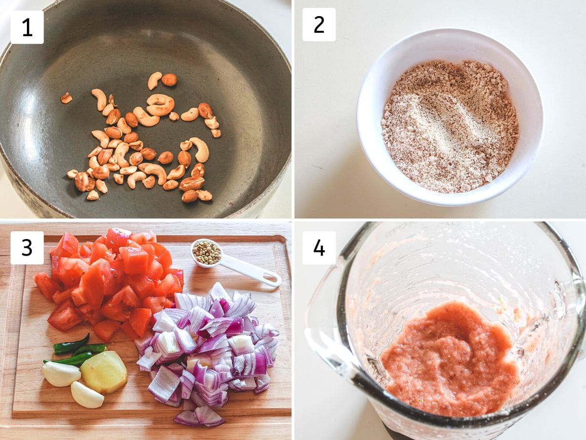 Collage of 4 images showing roasting nuts, powdered nuts, making onion tomato paste.