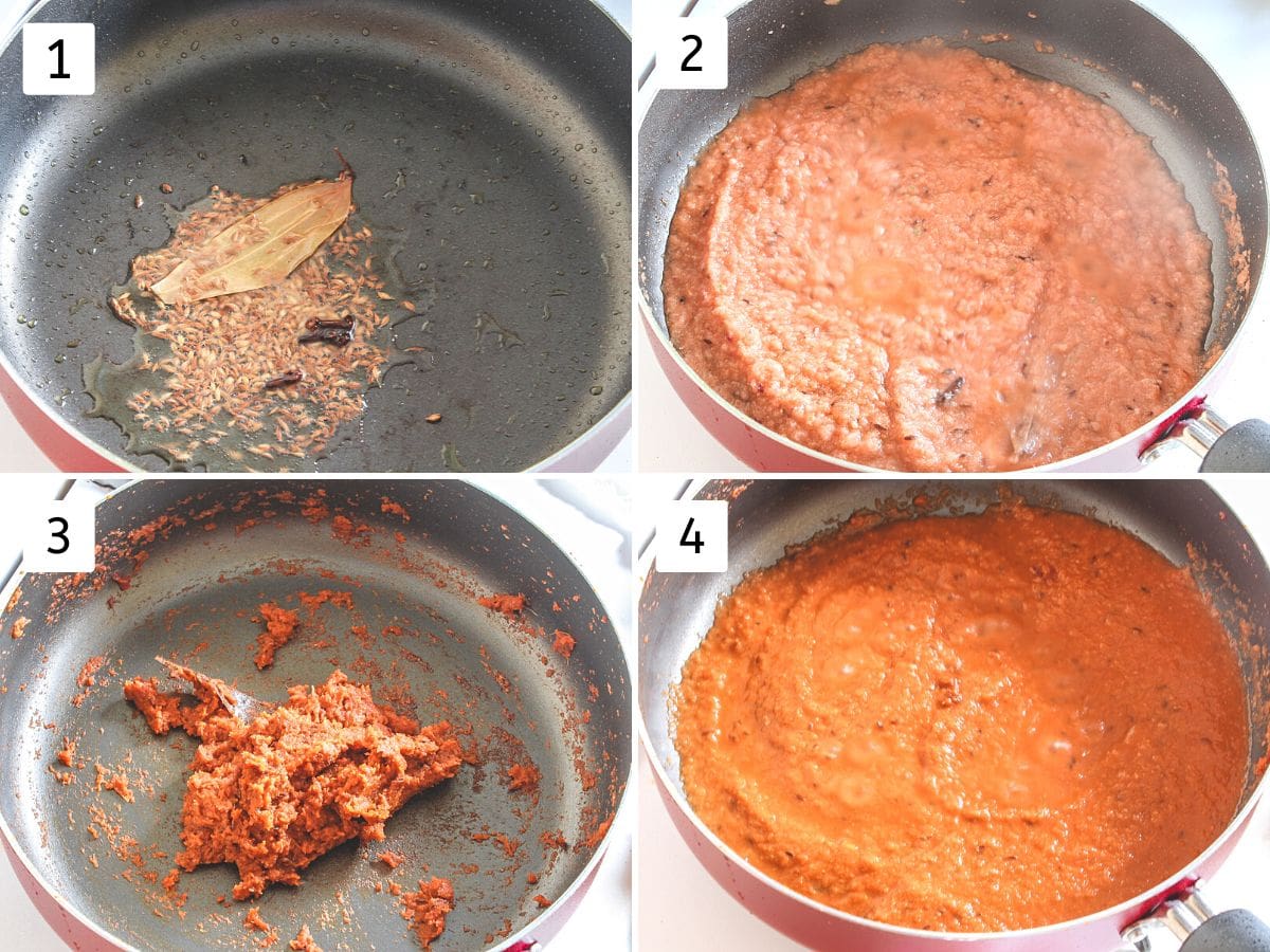 Collage of 4 images showing tempering spices, cooking gravy.