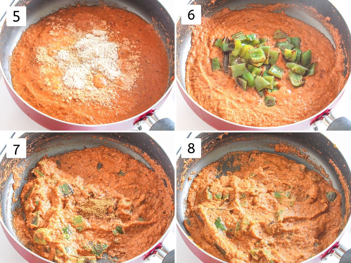 Collage of 4 images showing adding nut powder, cooked peppers, garam masala and mixed.