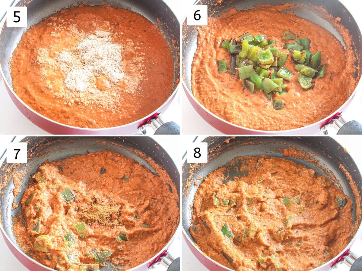 Collage of 4 images showing adding nut powder, cooked peppers, garam masala and mixed.