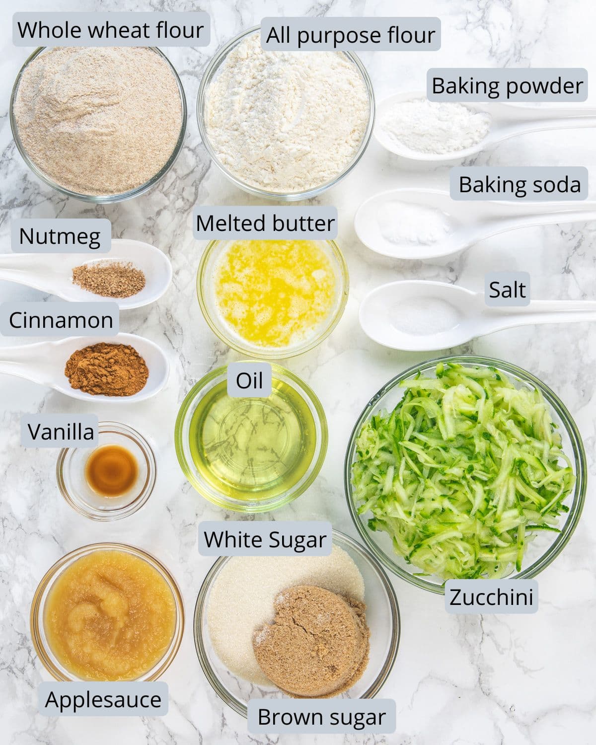Eggless zucchini muffin ingredients in bowl and spoons with labels.