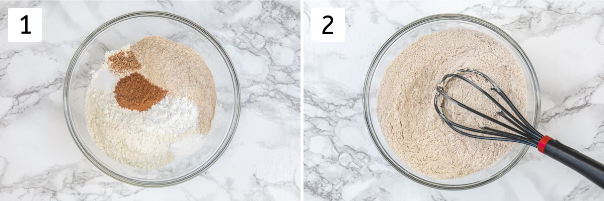 Collage of 2 images showing mixing dry ingredients.