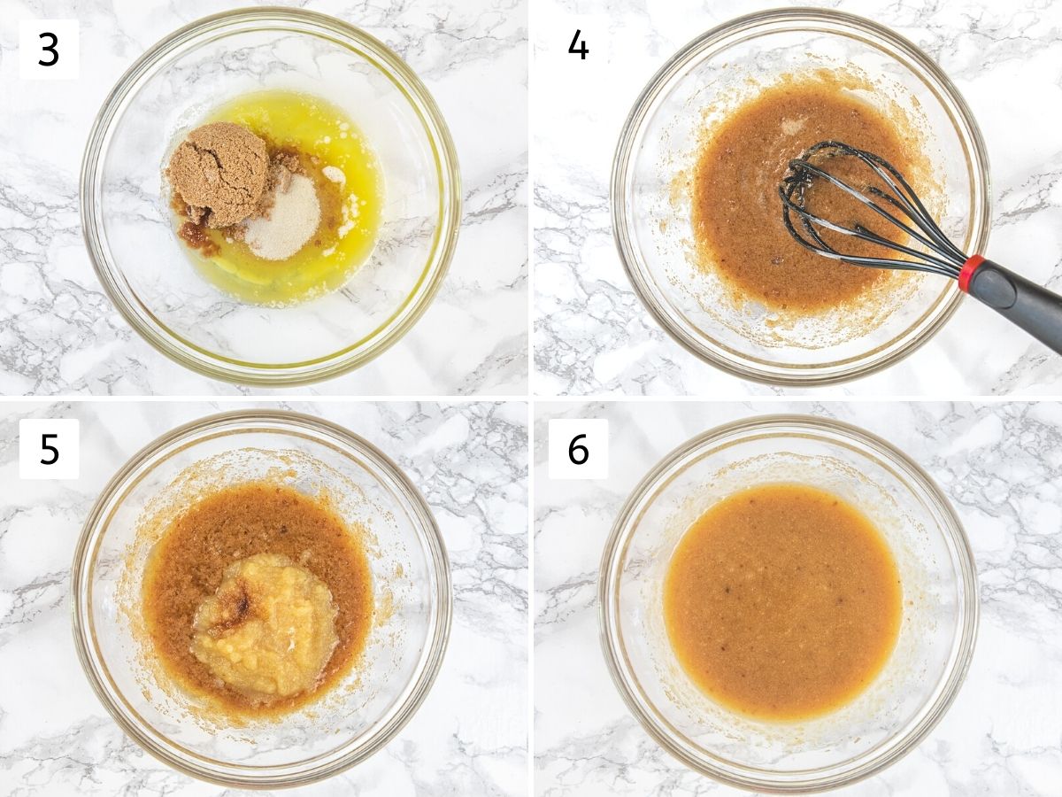 Collage of 4 images showing mixing wet ingredients.