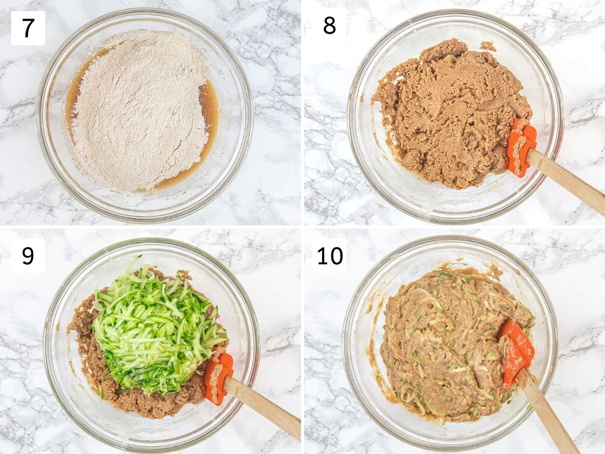 Collage of 4 images showing mixing wet and dry together and adding grated zucchini.