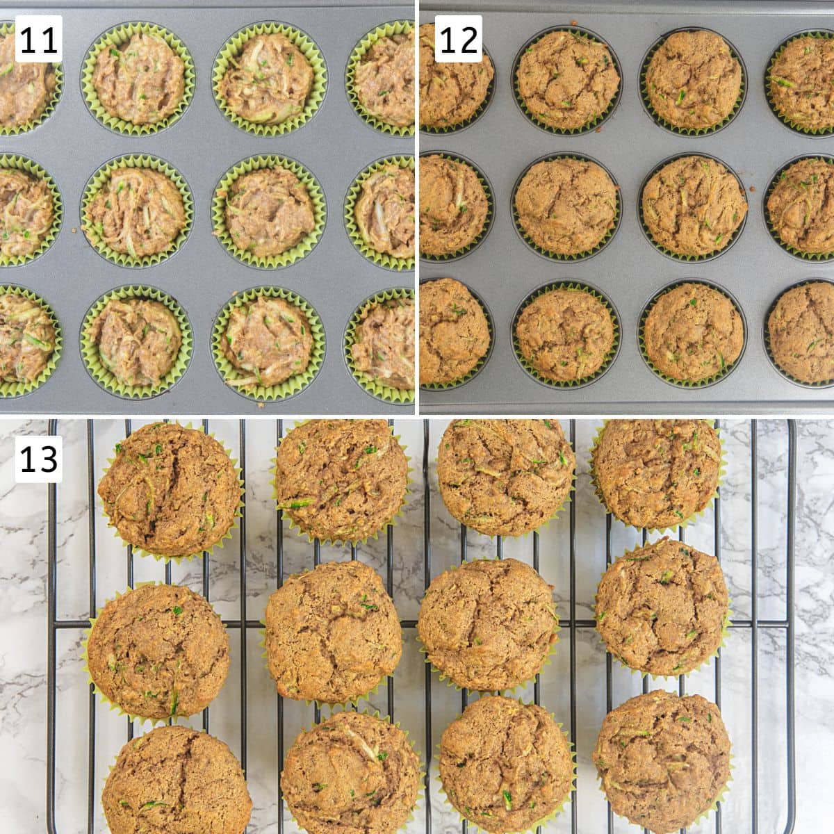 Collage of 3 images showing muffin batter into the pan, baked muffins and cooling on the rack.