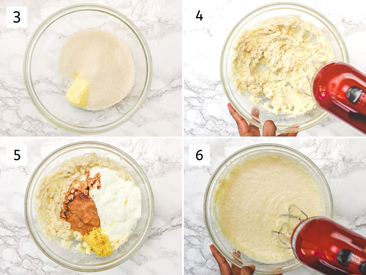 Collage of 4 images showing beating butter, sugar and adding, mixing wet ingredients.