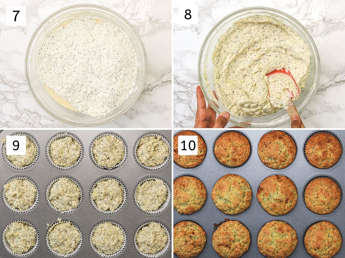 Collage of 4 images showing making batter, divided into muffin pan and baked muffins.