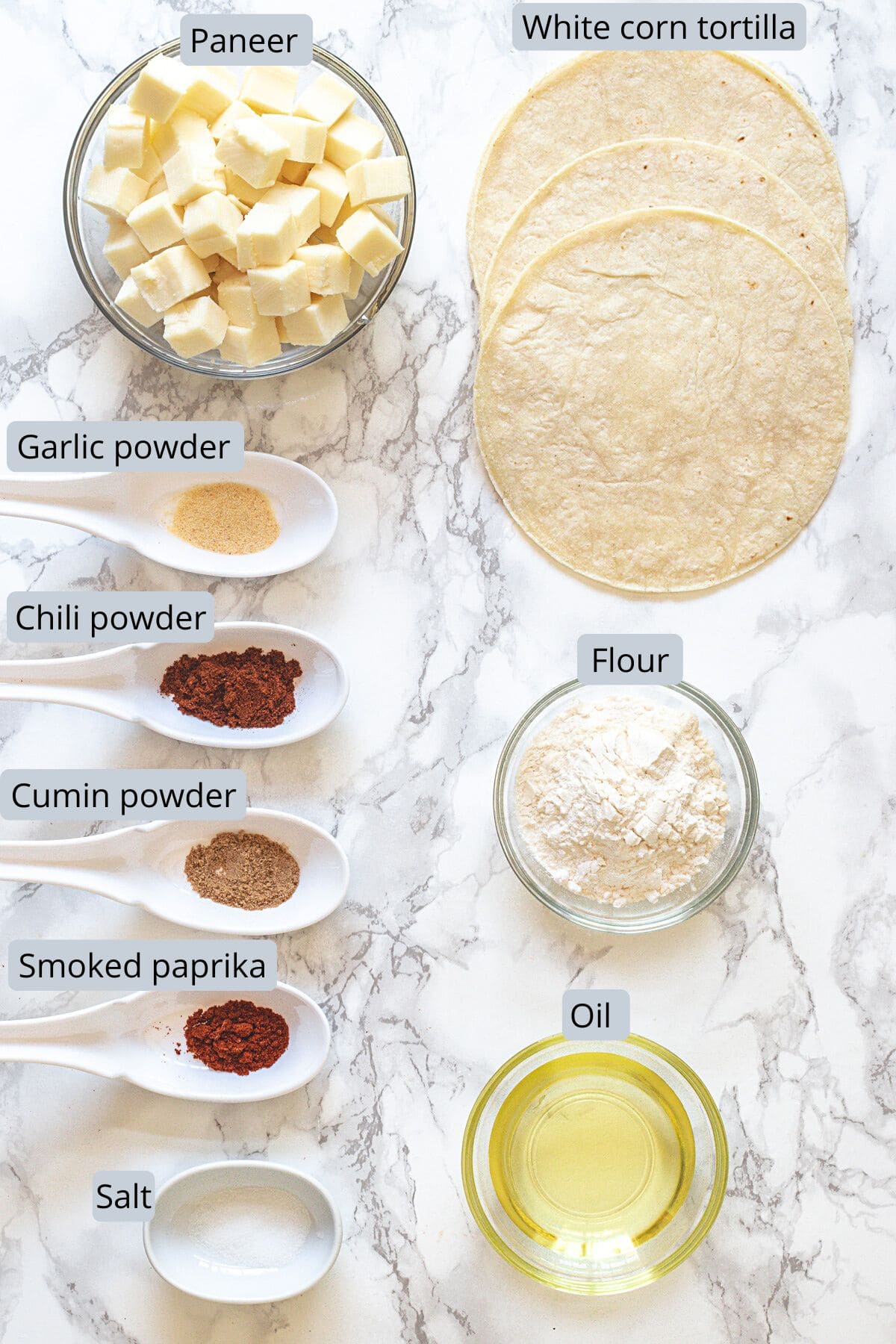 Paneer taco ingredients in spoons and bowls with labels.