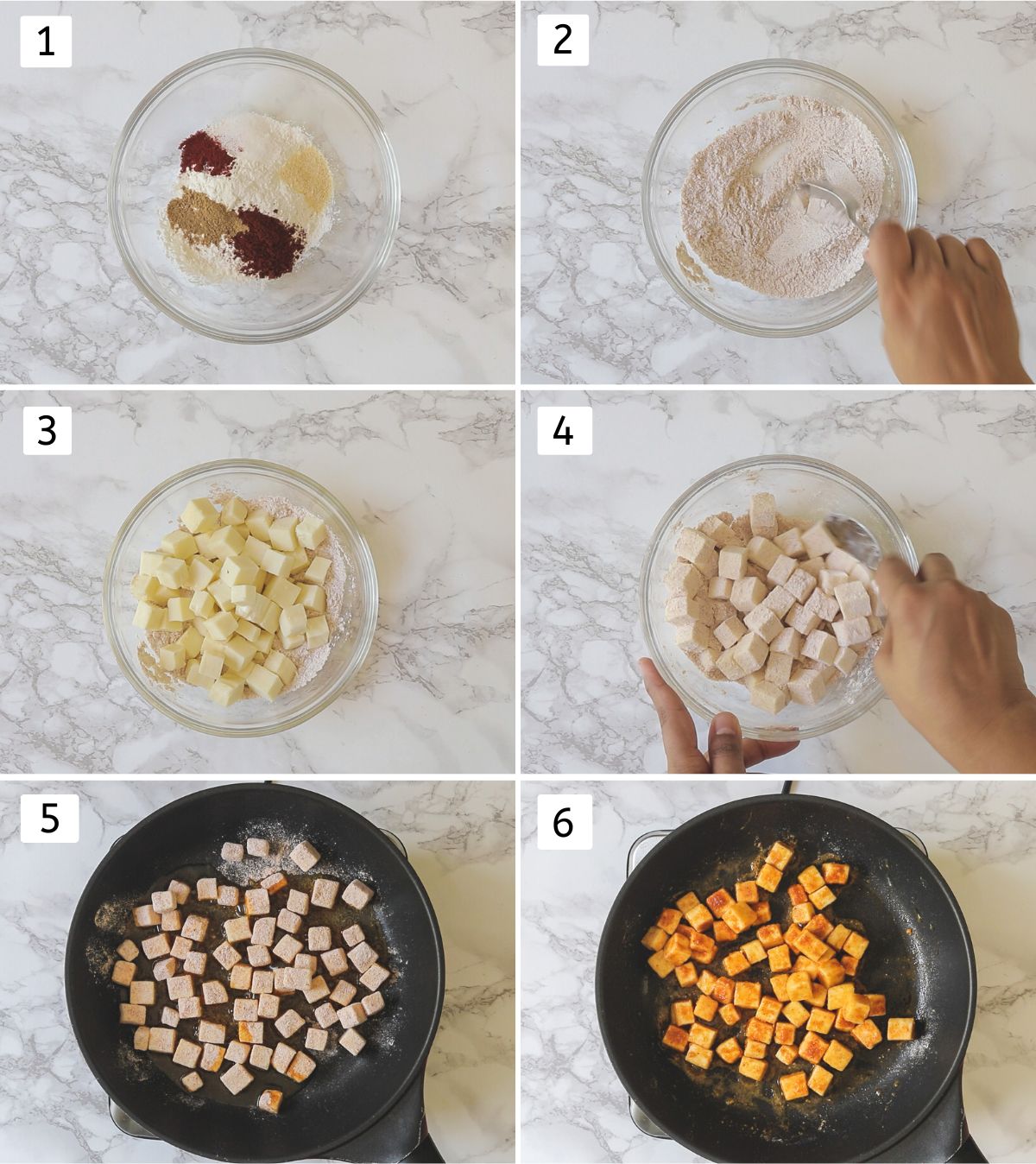 Collage of 6 images showing coating paneer with flour, spices and pan frying them.