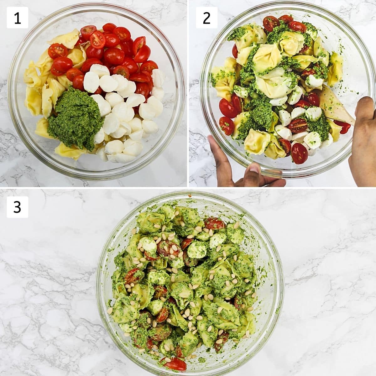 Collage of 3 steps showing salad ingredients in a bowl and tossing together.