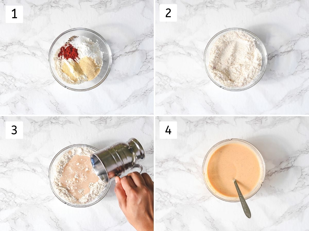 Collage of 4 images showing making a flour batter.