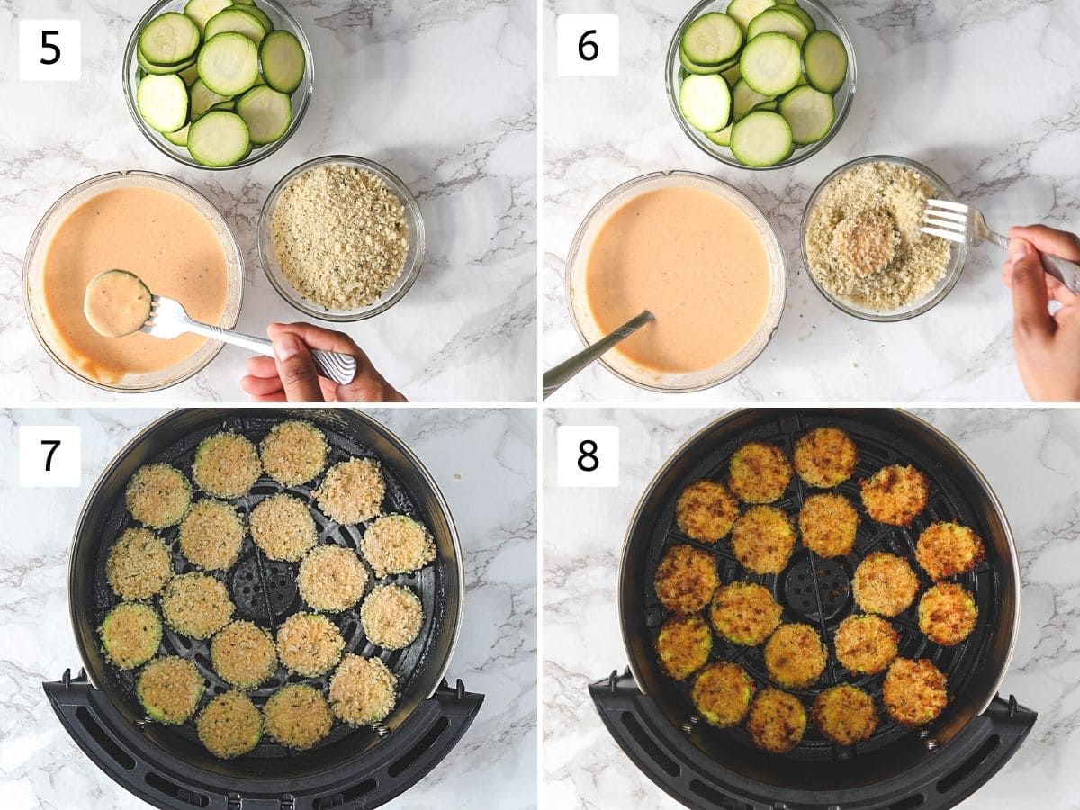 Collage of 4 images showing coating with batter and then with bread crumbs and air fried.