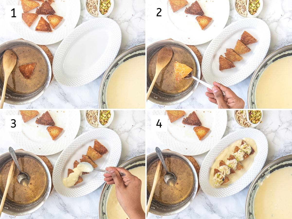 Collage of 4 images showing dipping bread into syrup, topping with rabdi and chopped nuts.