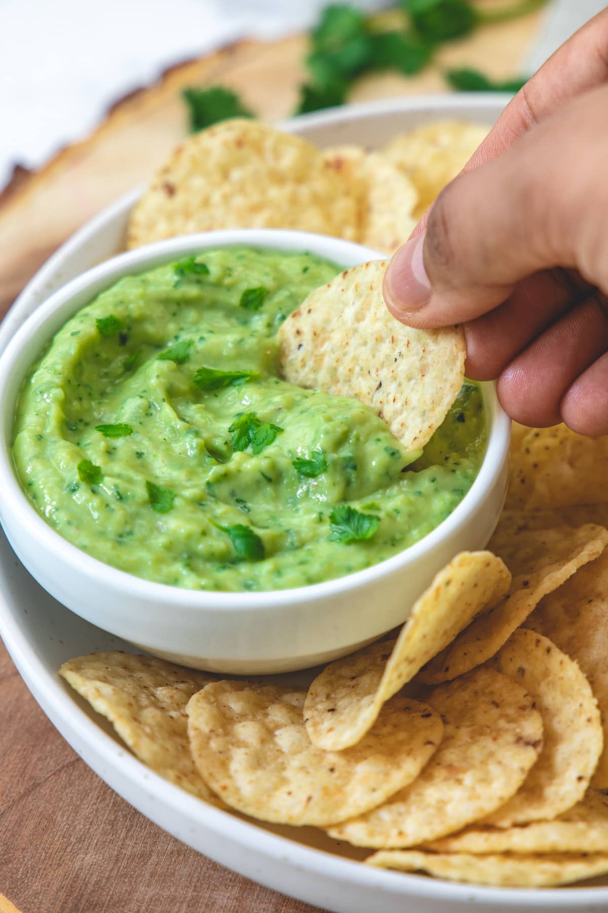 Taking a scoop of avocado dip using a tortilla chip.