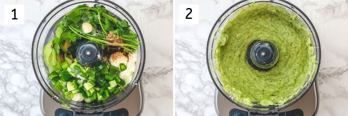 Collage of 2 images showing dip ingredients in a food processor and ready dip.