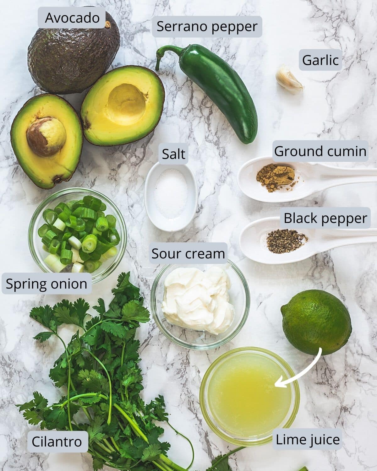 Avocado dip ingredients in bowls and spoons with labels.