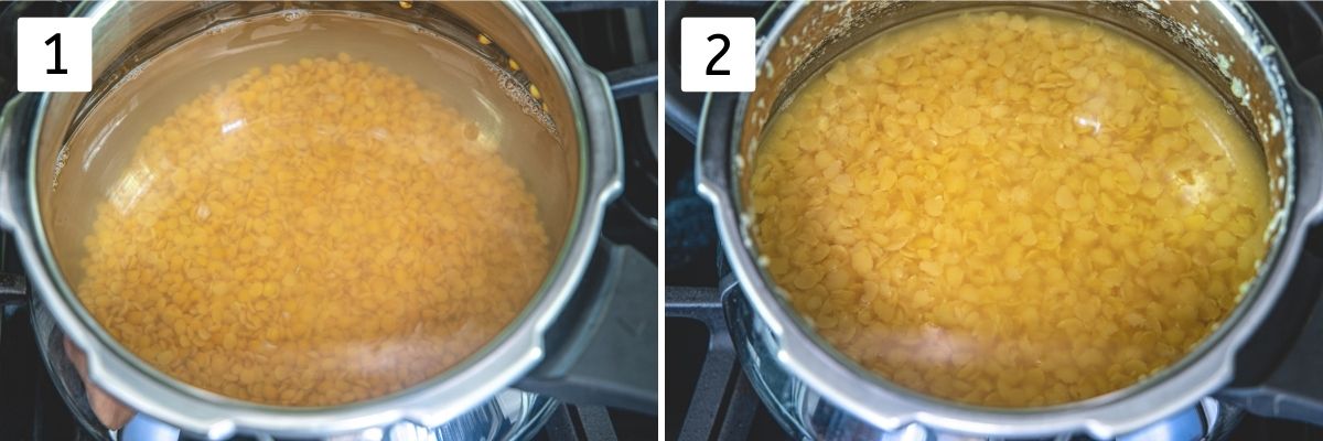 Collage of 2 images showing dal and water in pressure cooker and cooked dal.