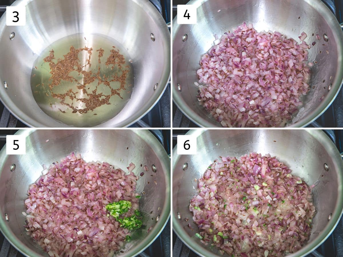 Collage of 4 images showing cooking onion with ginger, garlic, green chili.