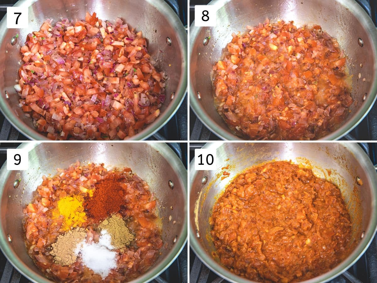 Collage of 4 images showing cooking tomatoes and mixing spices.