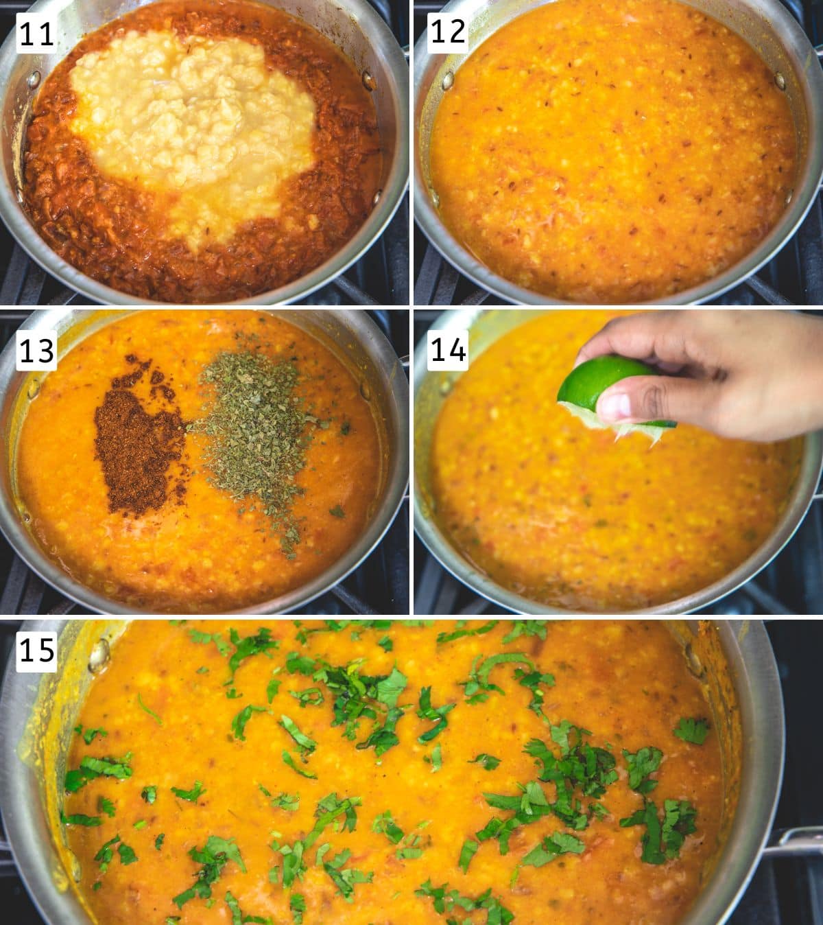 Collage of 5 images showing adding and simmering dal, adding remaining spices, lemon juice and cilantro.