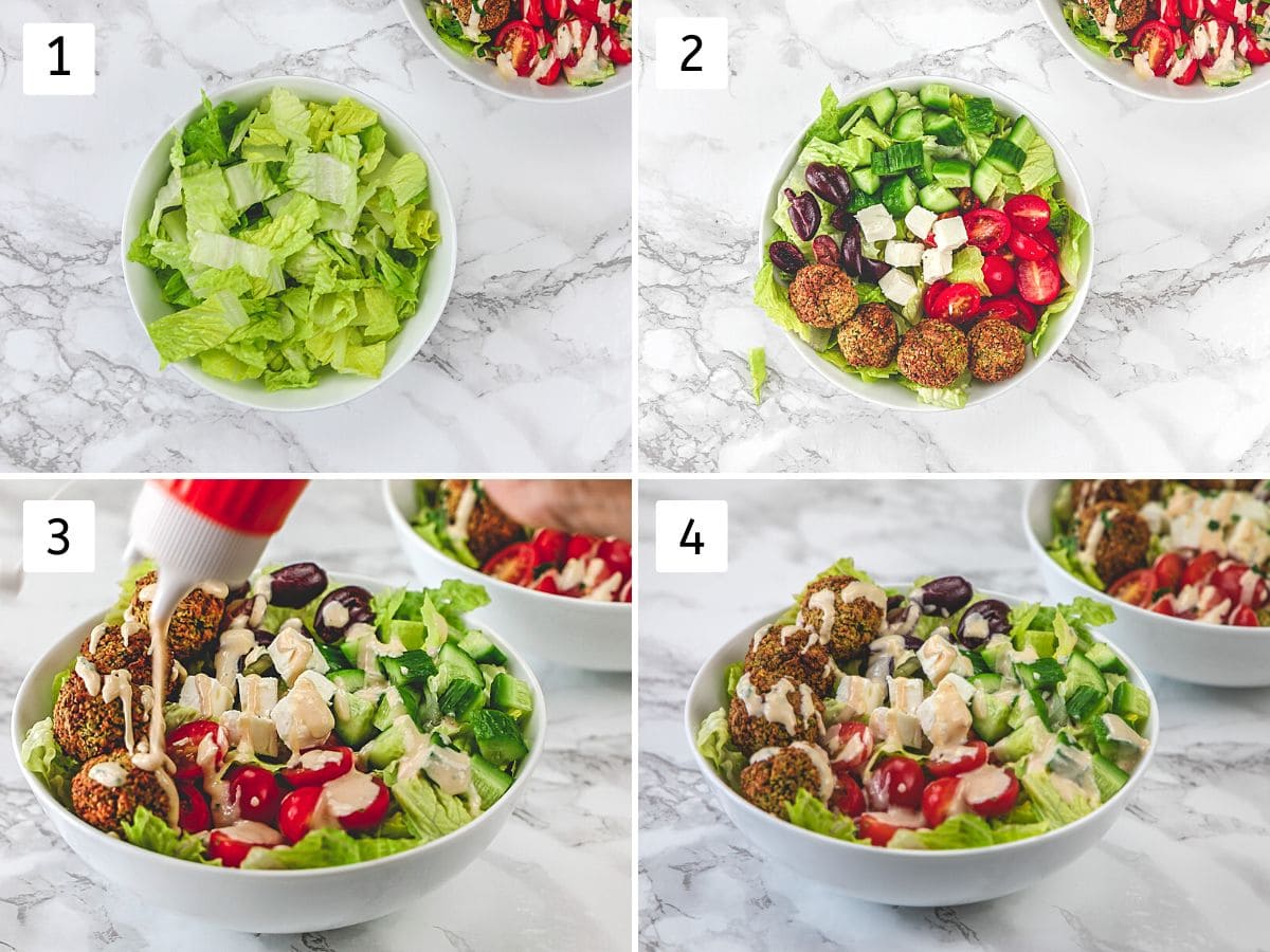 Collage of 4 steps showing adding ingredients one by one to make salad bowl.