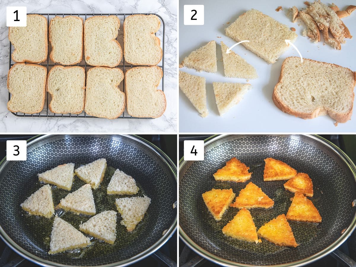 Collage of 4 images showing drying bread, cutting into triangles and shallow frying into ghee.