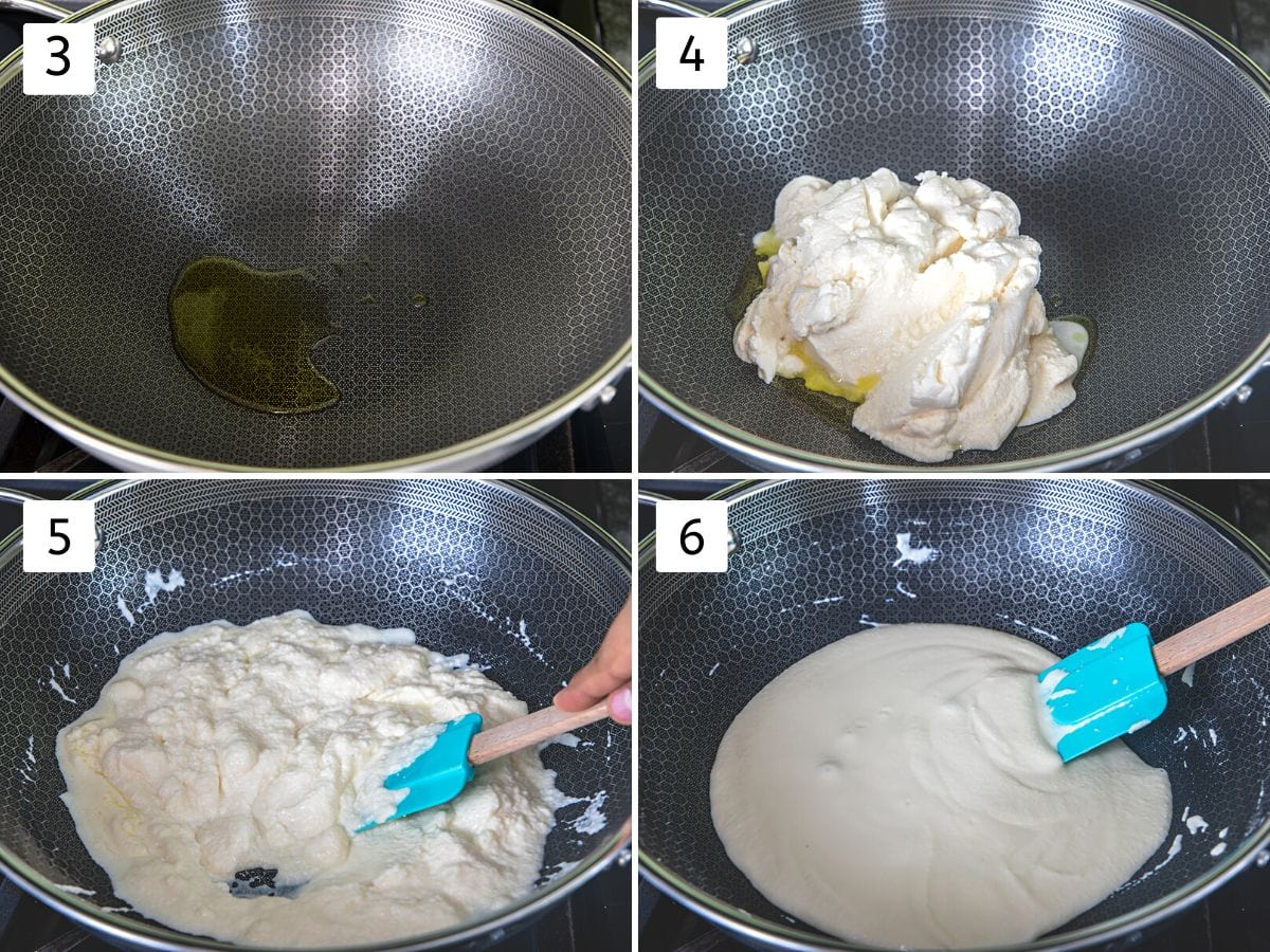 Collage of 4 images showing cooking ricotta into ghee.