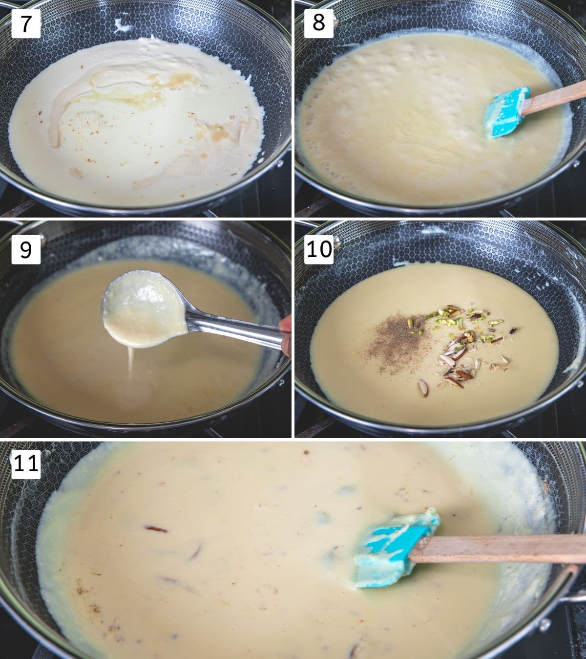 Collage of 5 images showing adding condensed milk, saffron milk and cooking until thicken.