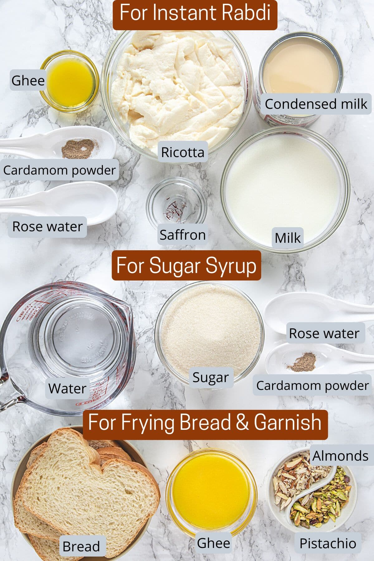 Shahi tukda ingredients in bowls and spoons with labels.