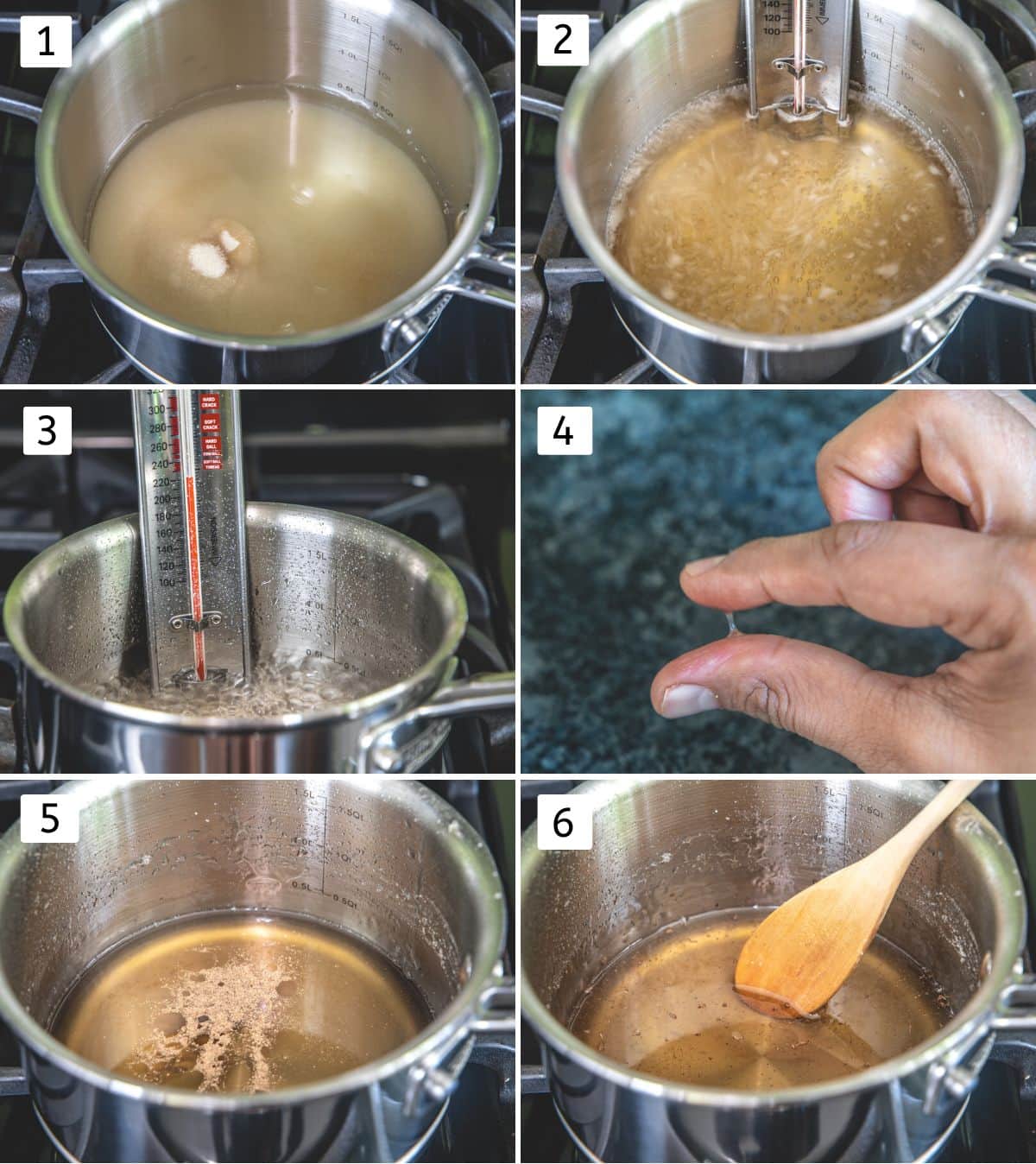 Collage of 6 images showing making 1 thread consistency sugar syrup.