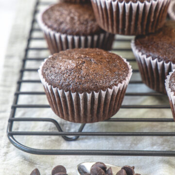 Stack of chocolate muffins on a cooling rack with chocolate chips in front.