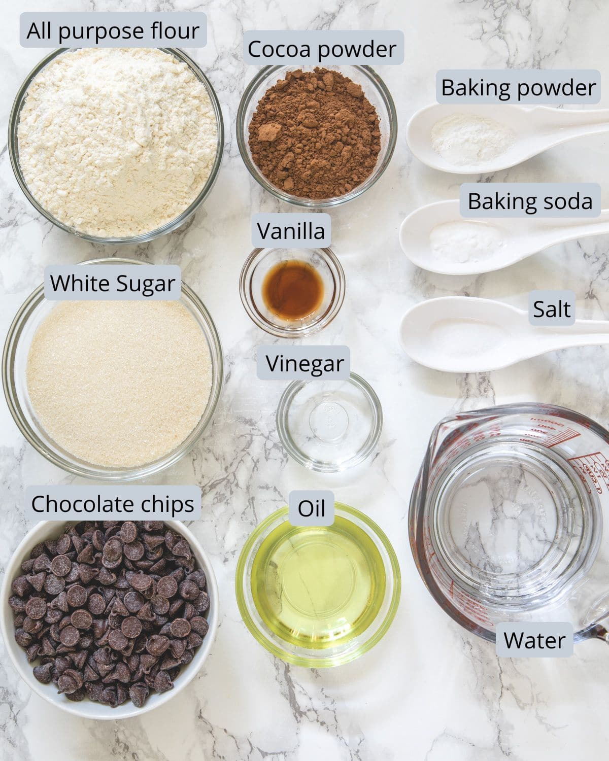 Eggless chocolate muffins ingredients in bowls and spoons with labels.