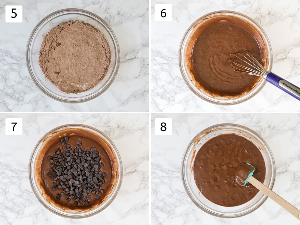 Collage of 4 images showing mixing dry and wet to make a batter, folding chocolate chips.