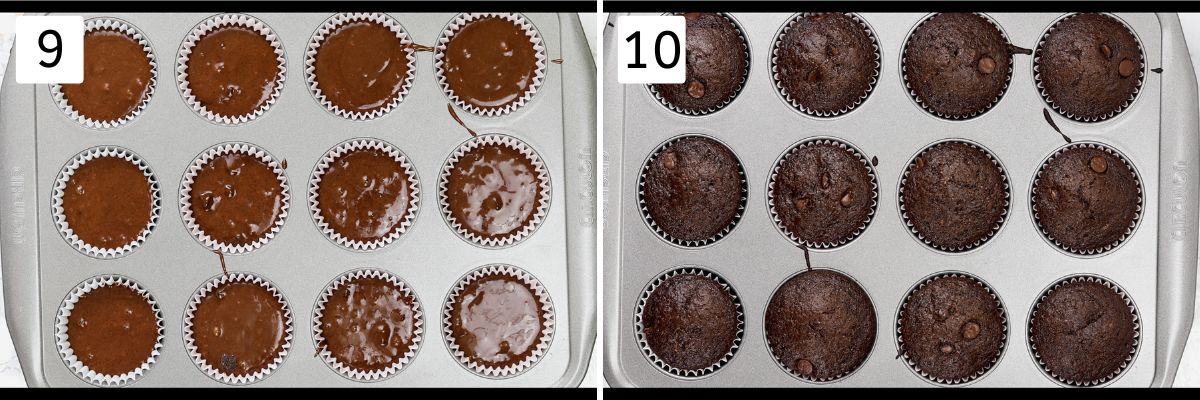 Collage of 2 images showing muffin batter divided into the muffin pan, baked muffins.
