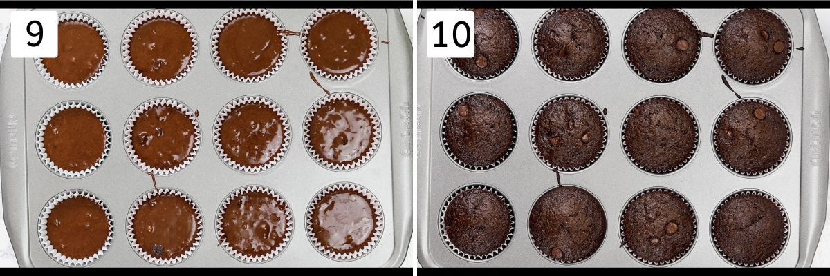 Collage of 2 images showing muffin batter divided into the muffin pan, baked muffins.