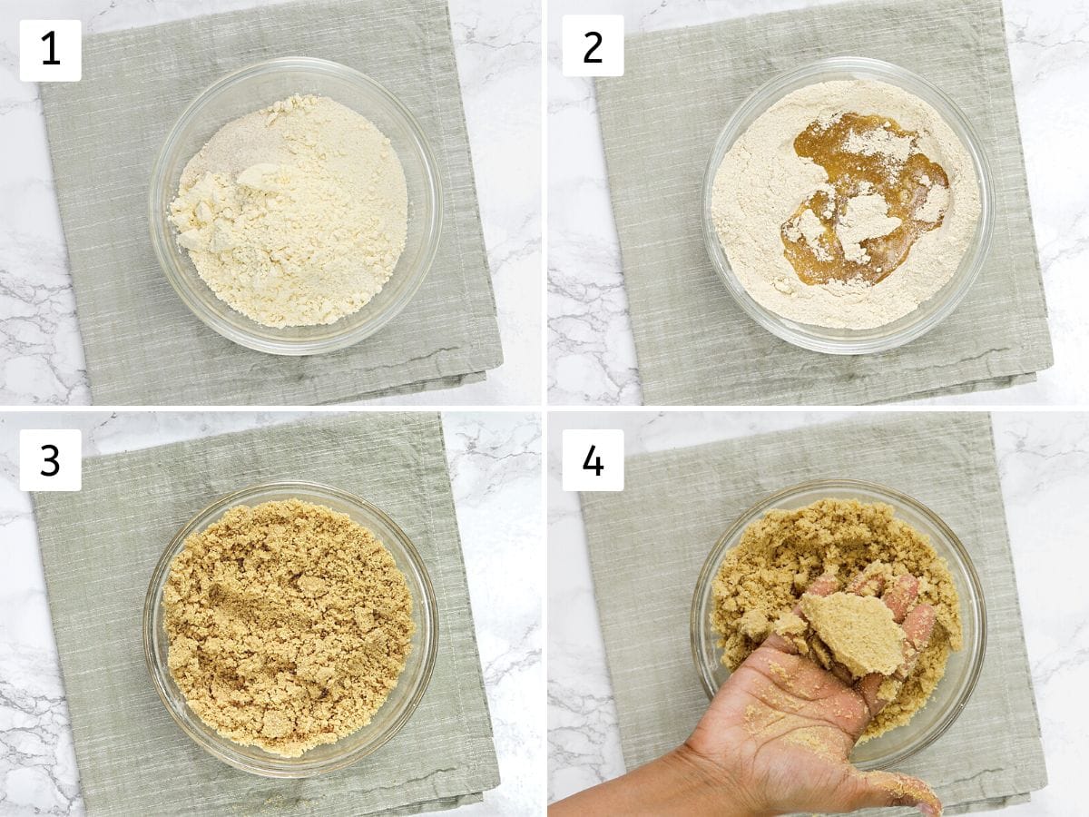 Collage of 4 images showing mixing flours, adding and mixing oil.