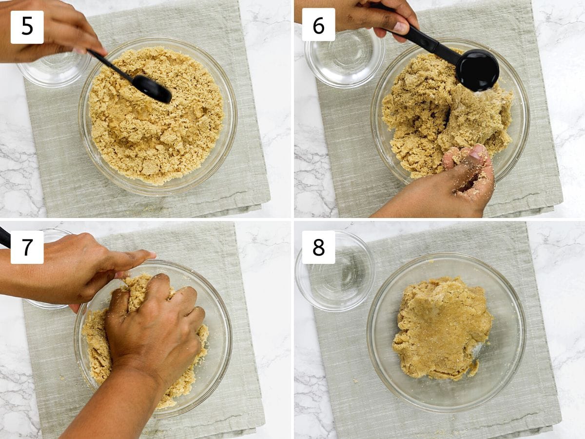 Collage of 4 images showing showing adding water and kneading to a stiff dough.