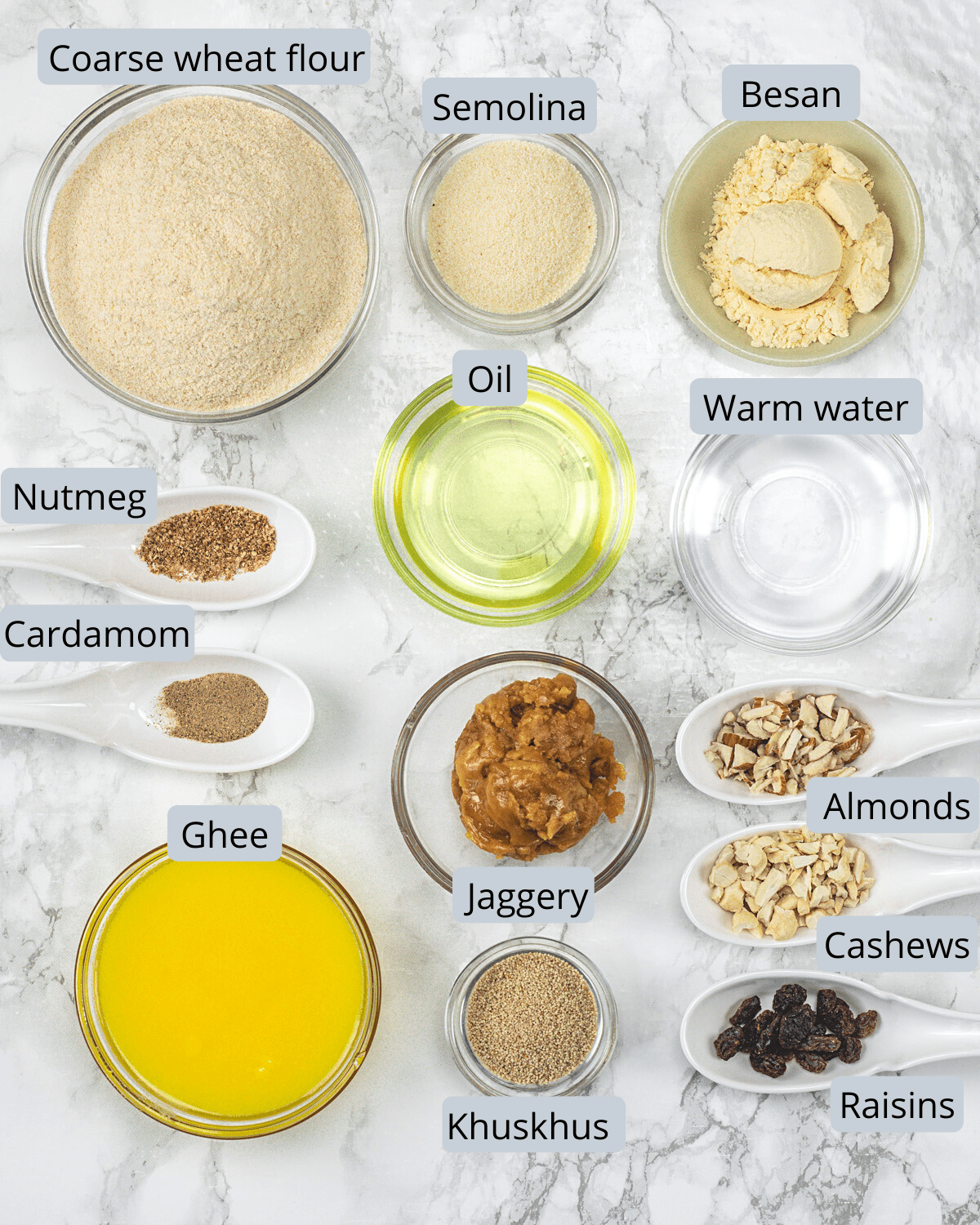 Churma ladoo ingredients in bowls and spoons with labels.