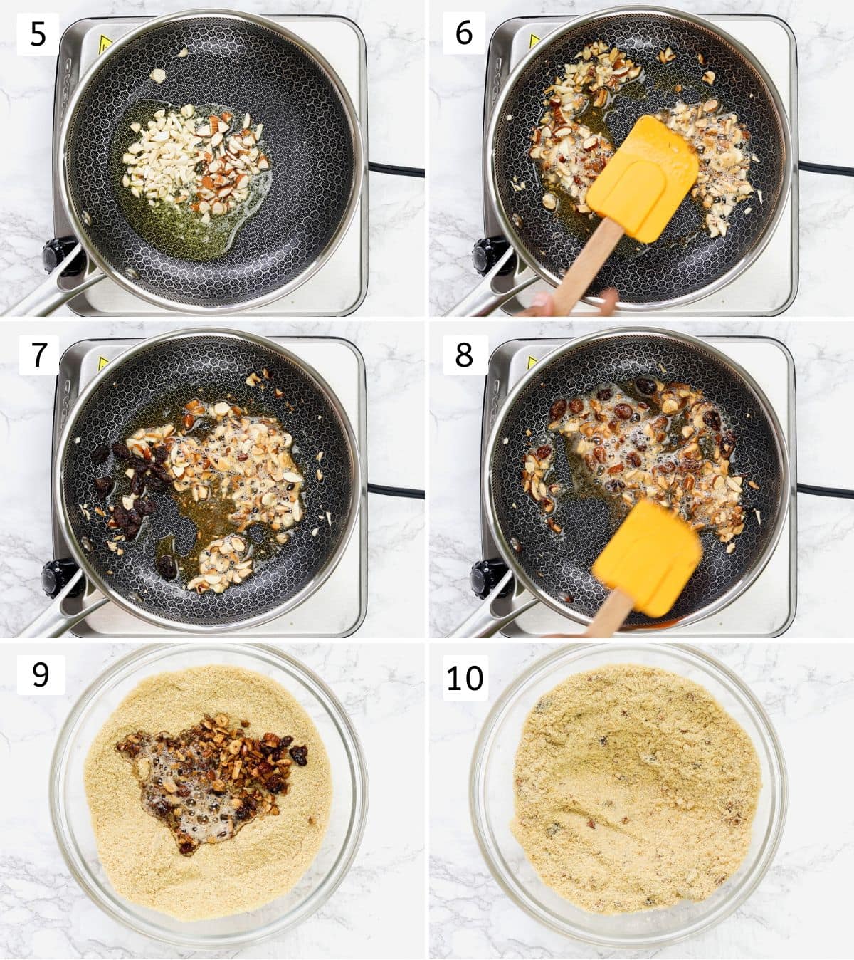 Collage of 6 images showing frying nuts, raisins and adding to churma mixture.