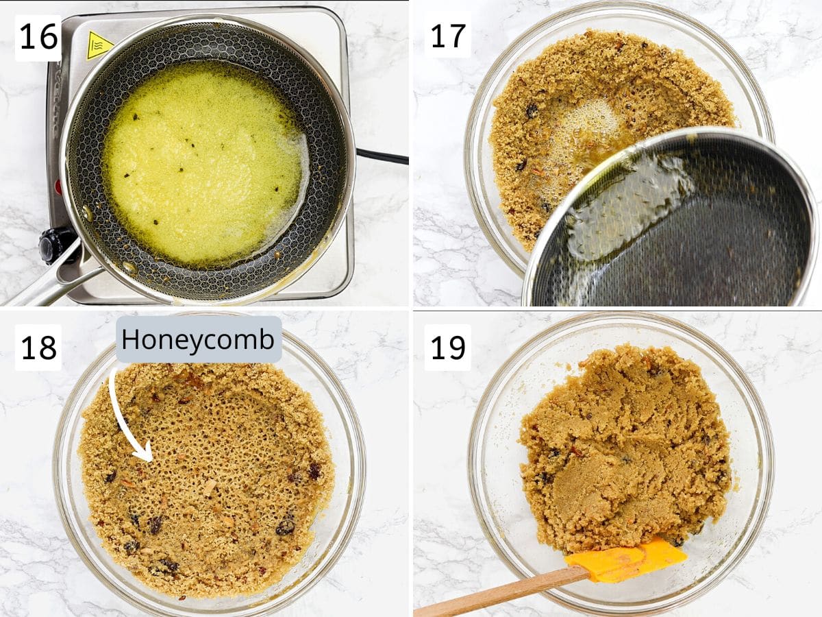 Collage of 4 images showing heating ghee, adding and showing honeycomb effect and mixing.