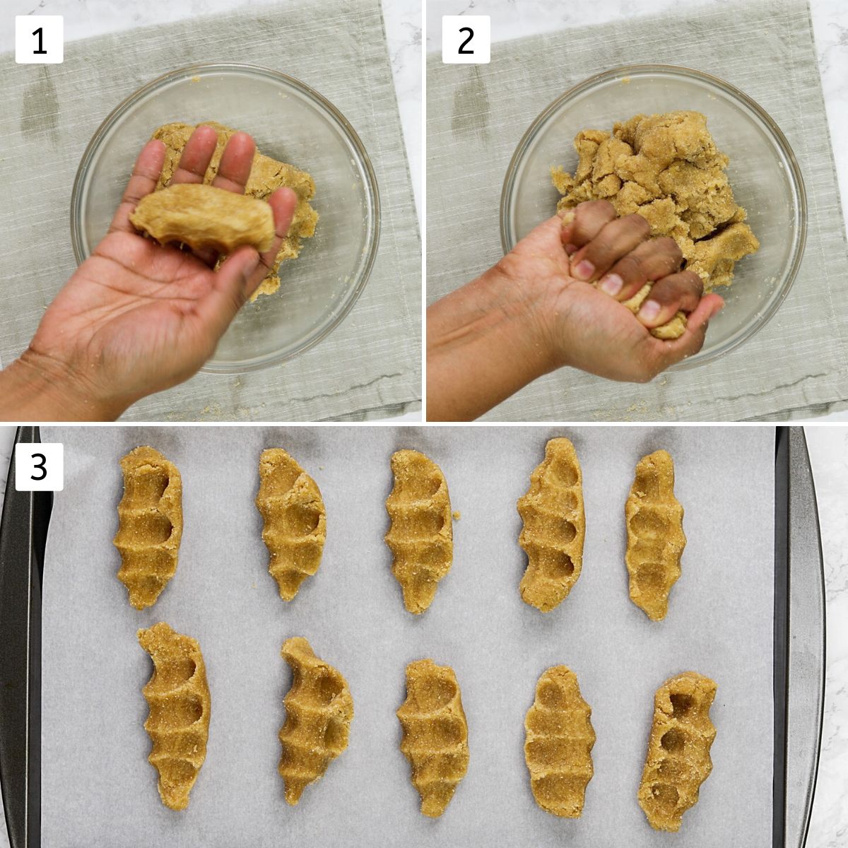 Collage of 3 images showing shaping muthia using feast and arranging on the baking tray.
