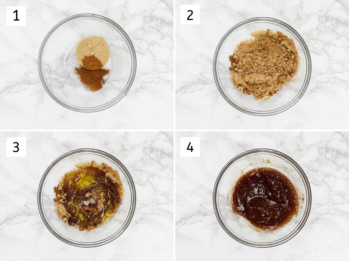 Collage of 4 images showing mixing brown sugar, cinnamon and meted butter.