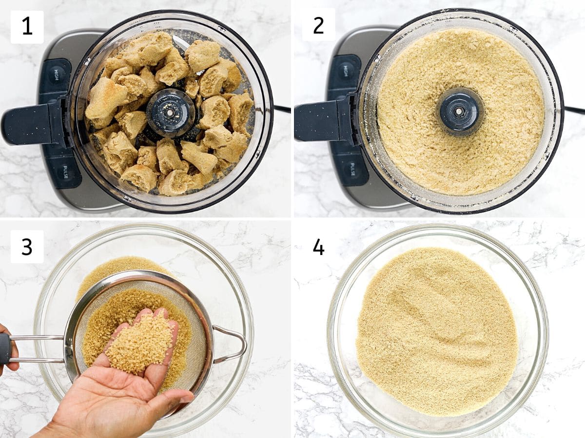 Collage of 4 images showing making powder in food precessor and passing through a seive.